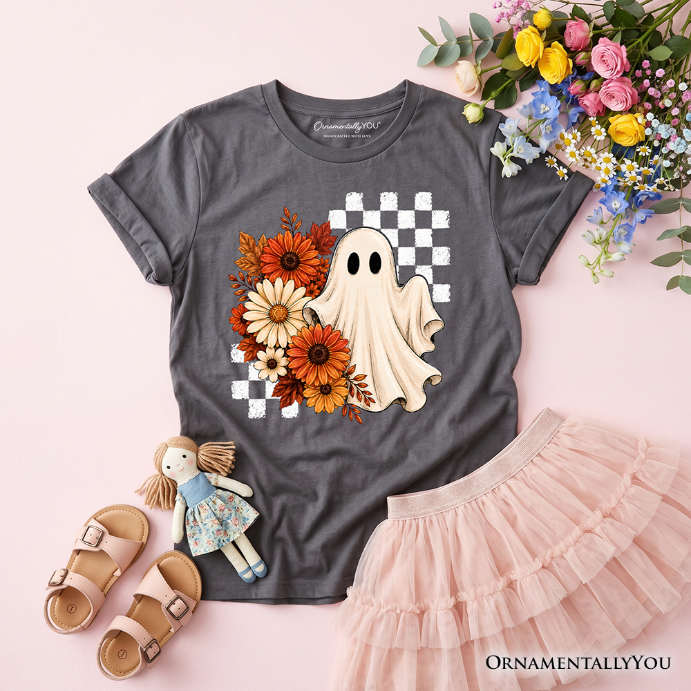 Kids Checkered Floral Ghost T-Shirt, Vintage Fall Halloween Daisy Youth Tee