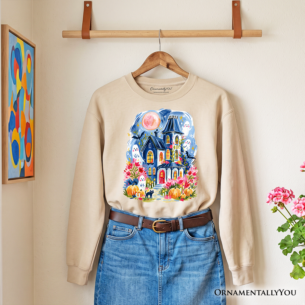 Watercolor Haunted House Sweatshirt, Colorful Ghost Pumpkin Halloween Sweater