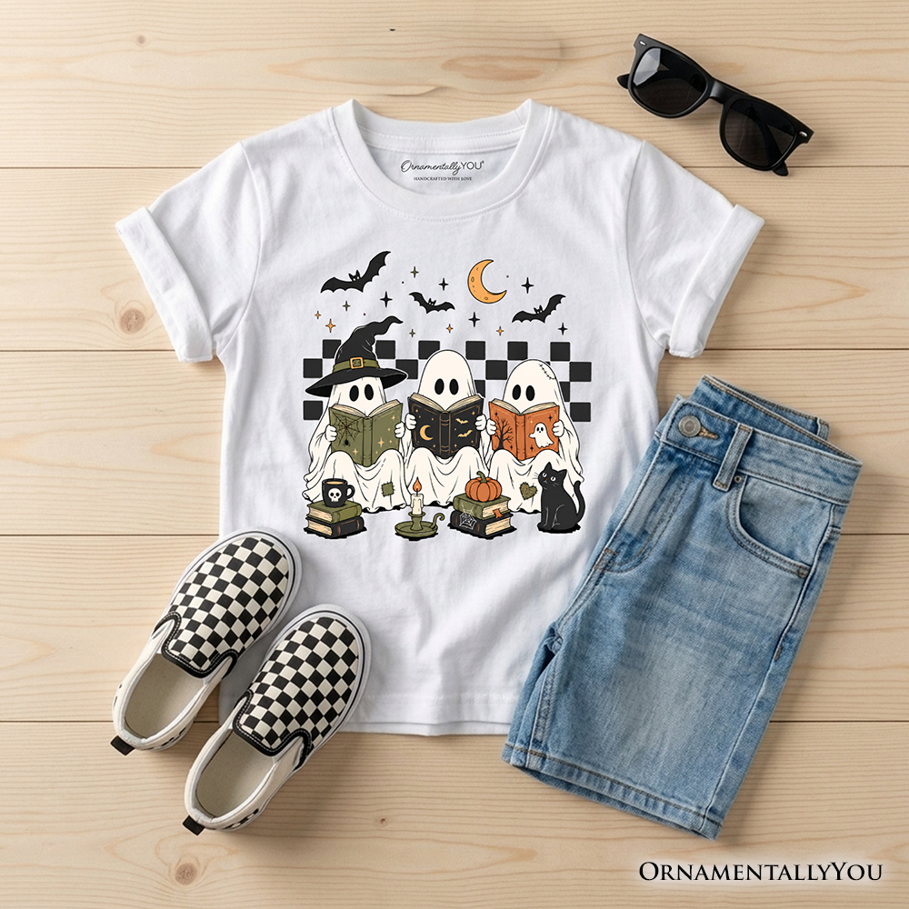Kids Bookish Ghosts Reading T-Shirt, Checkered Halloween Witch Cat Youth Tee