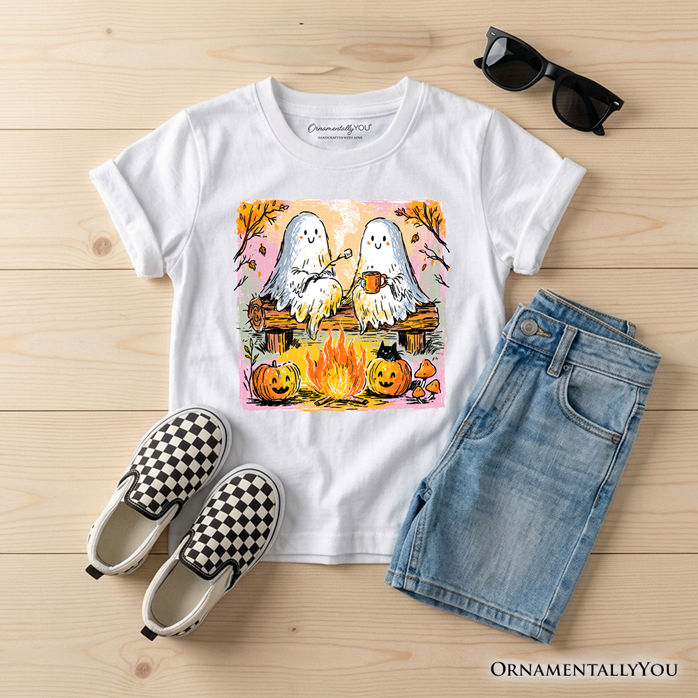 Kids Cozy Campfire Ghosts T-Shirt, Fall Halloween Pumpkin Youth Tee