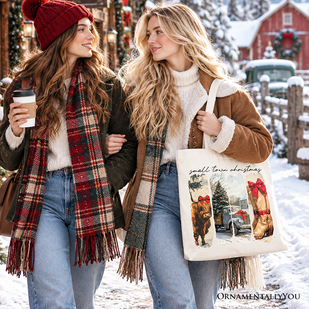 Small Town Christmas Tote Bag, Highland Cow Rustic Western Cowgirl Holiday Gift Shopper