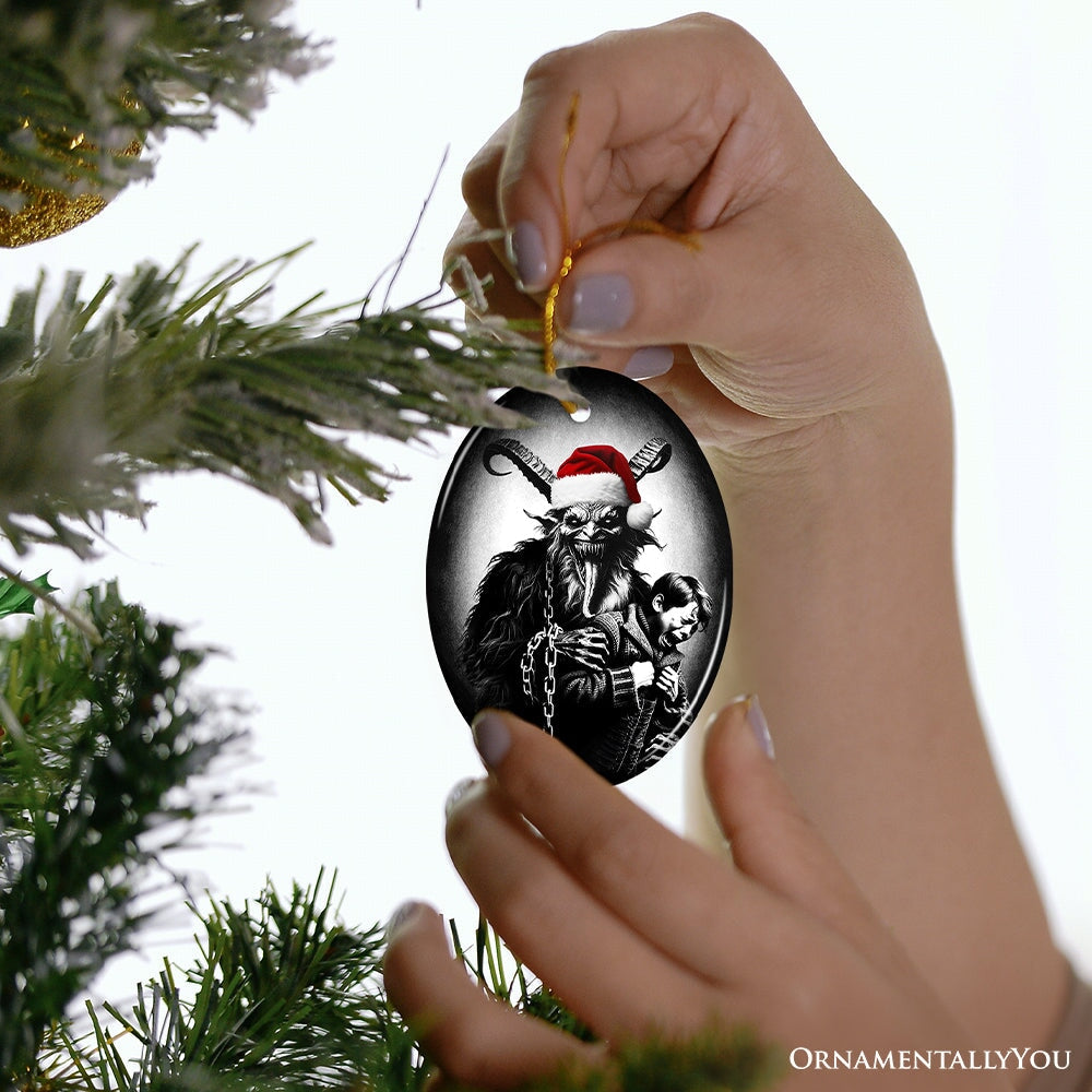 Horrifying Krampus With Santa Hat Ceramic Ornament, Keepsake For Unique Halloween Tree Christmas Decor
