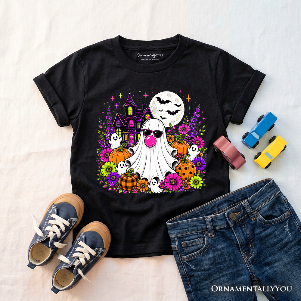 Kids Bubblegum Ghost Haunted House T-Shirt, Colorful Floral Halloween Pumpkin Youth Tee