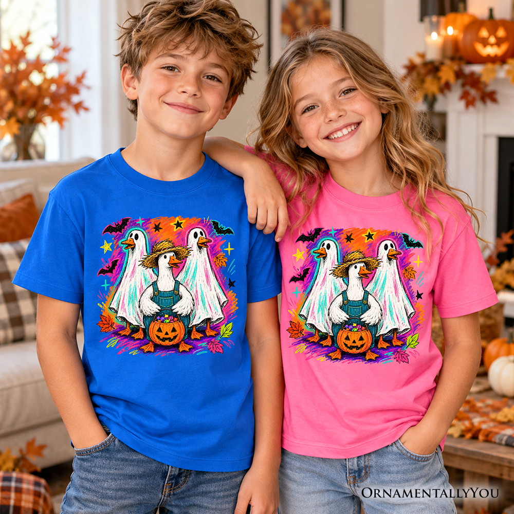 Kids Trick or Treat Geese T-Shirt, Colorful Halloween Ghost Costume Youth Tee