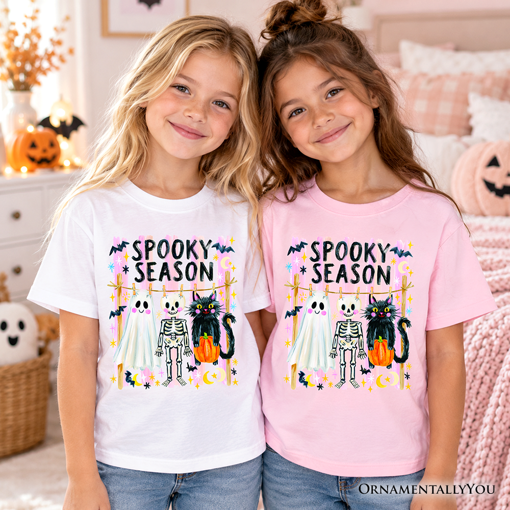 Kids Spooky Season Ghost Skeleton Cat T-Shirt, Colorful Halloween Costume Youth Tee