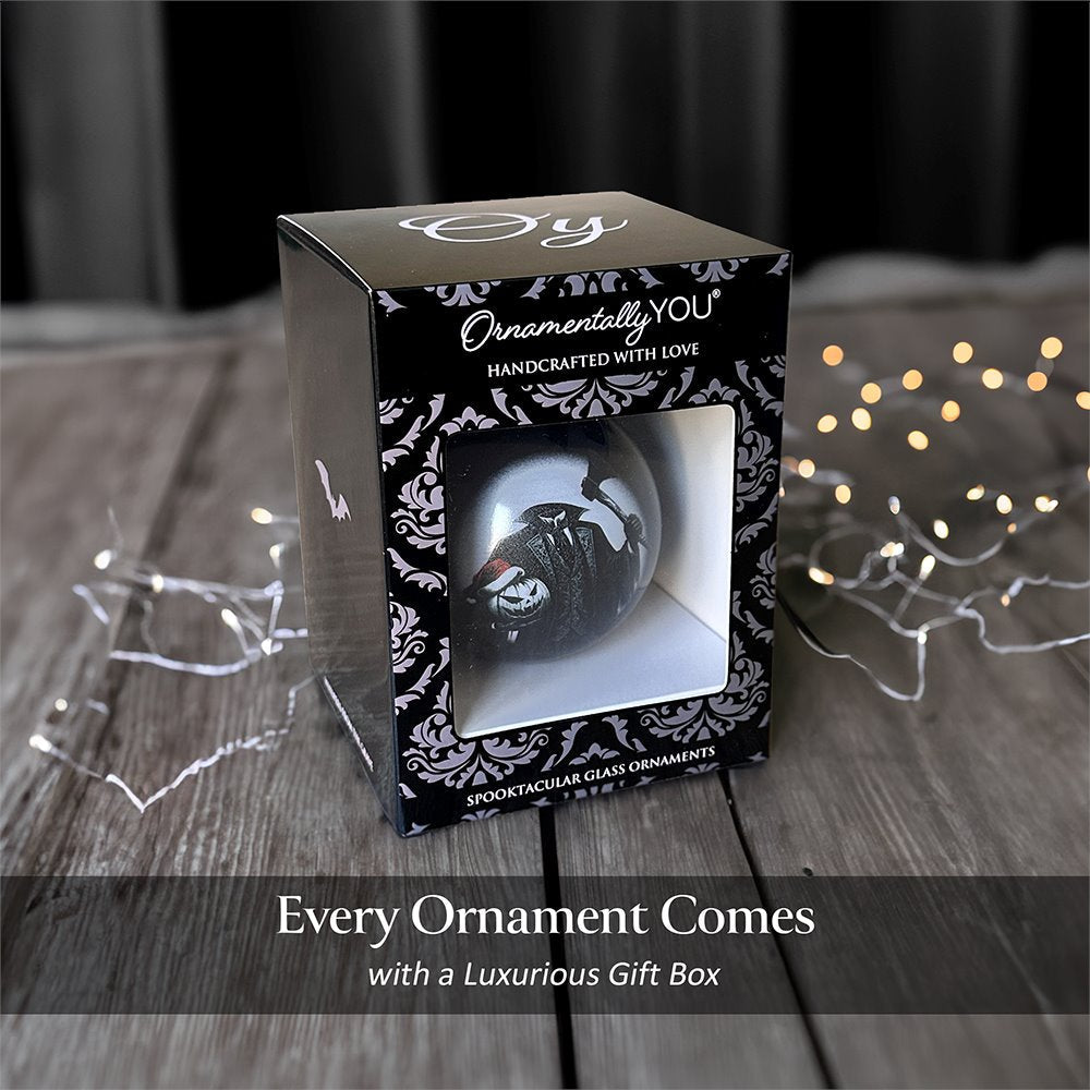Headless Horseman Spooky Portrait Glass Christmas Ornament, Black Horror Halloween Tree Decoration