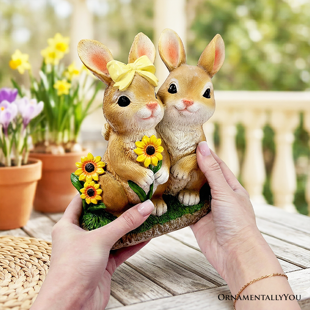 Bunny Embrace Garden Statue, 8" Hugging Rabbit Couple Figurine Outdoor Decor
