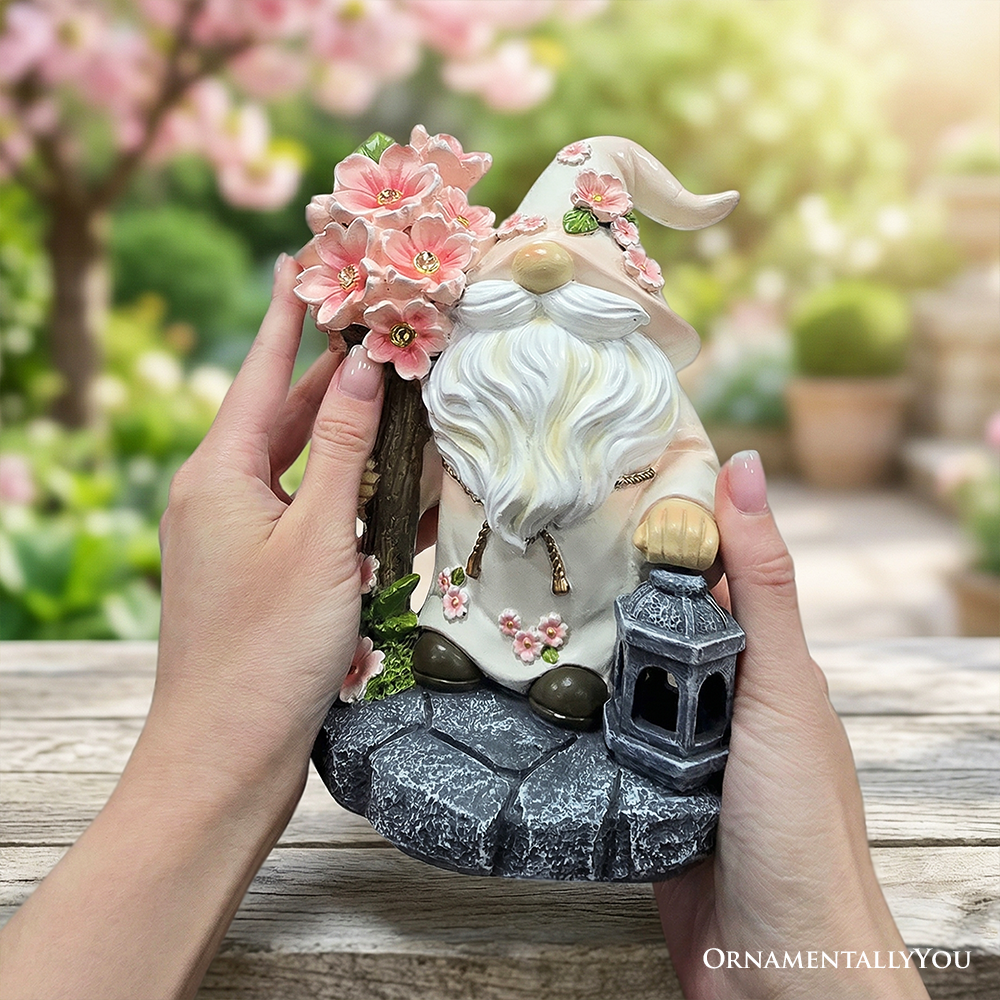 Cherry Blossom Gnome Solar Garden Statue, 8" Figurine and Floral Outdoor Decor