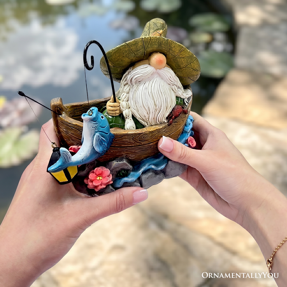 Fishing Gnome with Lantern Garden Statue, 6" Lighted Dwarf Figurine Outdoor Decor