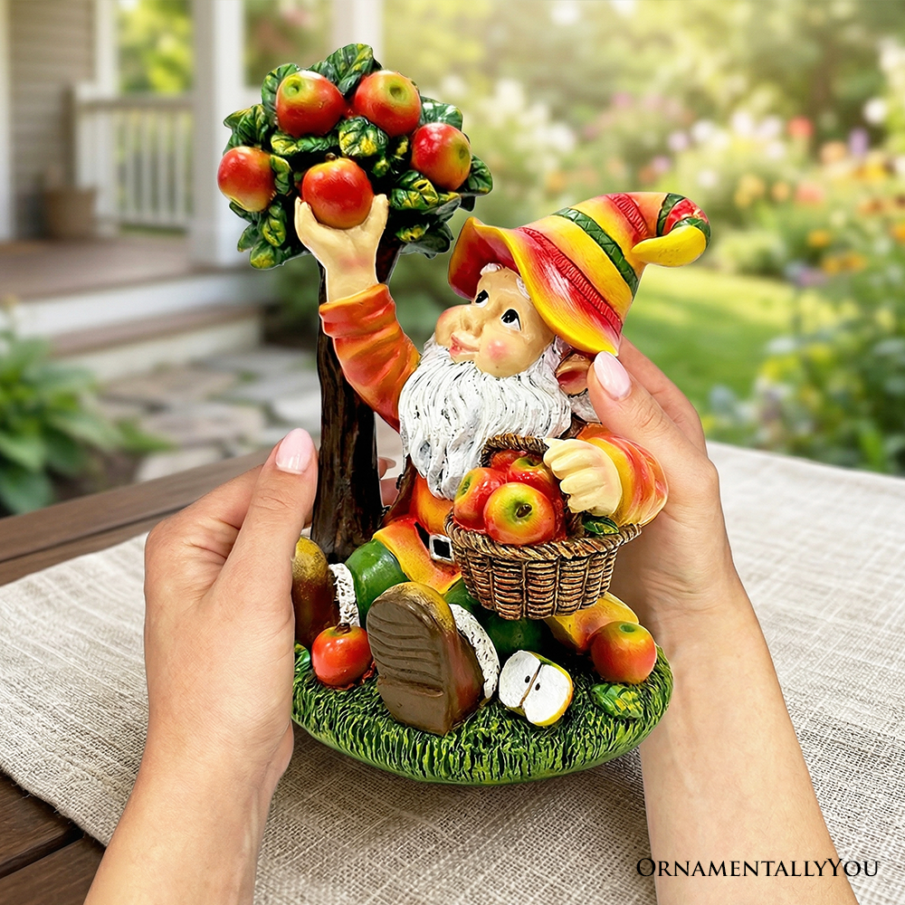 Johnny Apple Gnome Cute Garden Statue, 9" Orchid Picker Whimsical Dwarf Figurine