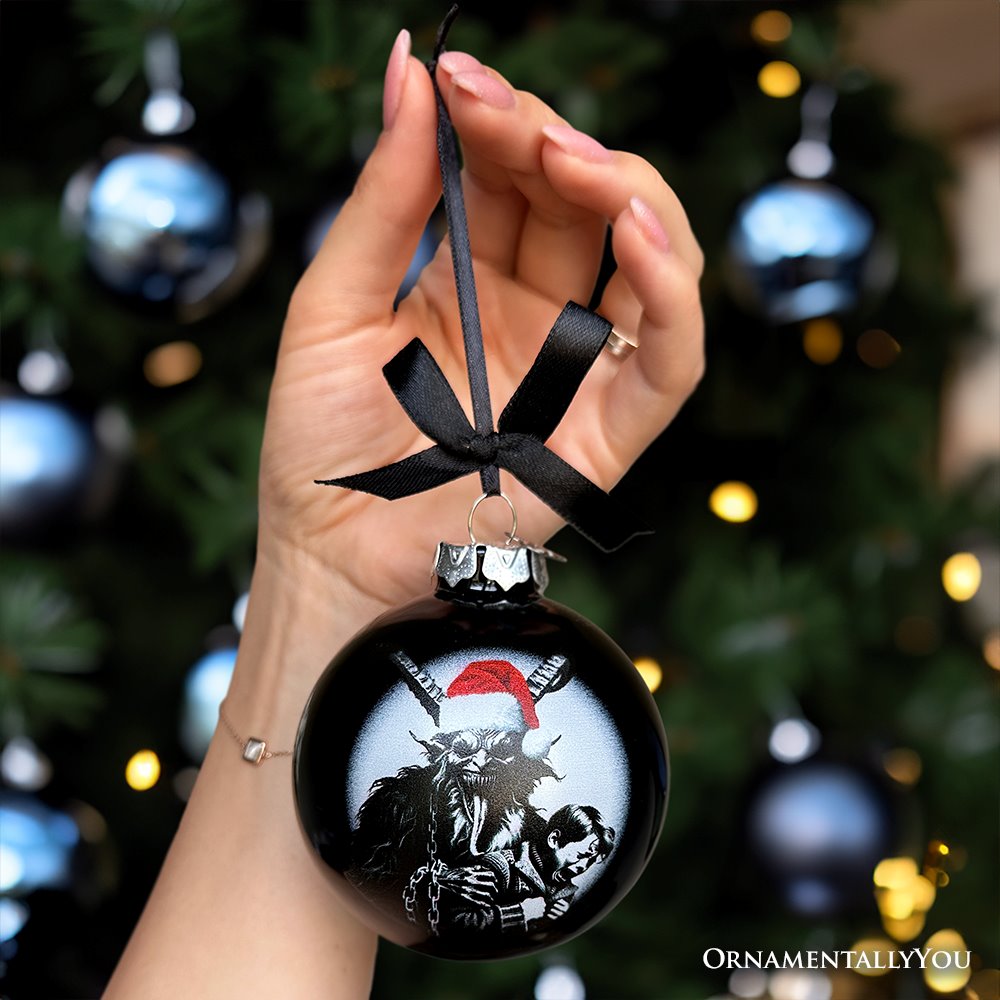 Krampus Christmas Spooky Portrait Glass Ornament, Black Horror Halloween Tree Decoration