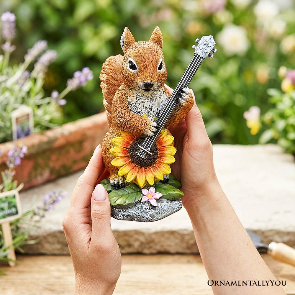 Melody of the Meadow Squirrel Garden Statue, 8" Sunflower Banjo Outdoor Decor