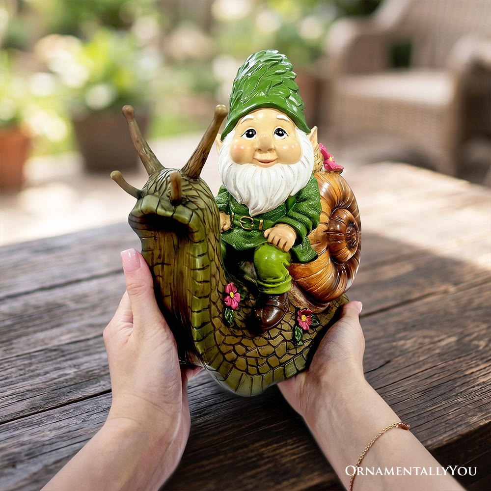 The Snailbound Gnome Cute Verdant Garden Statue, 10" Outdoor Yard or Forest Snail Decoration