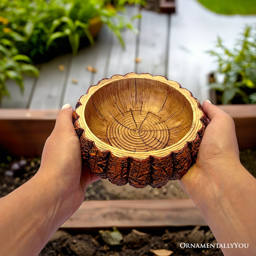 Nature's Basin Tree Bark Themed Bowl, 6" Resin Woodlandbasin Bird Bath Decor