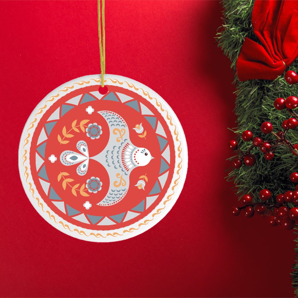Scandinavian Bird Christmas Ornament, Ethnic Classic Folklore, 2D Illustration