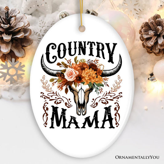 Country Mama Floral Vintage Ornament, Western Buffalo Skull Christmas Gift for Moms