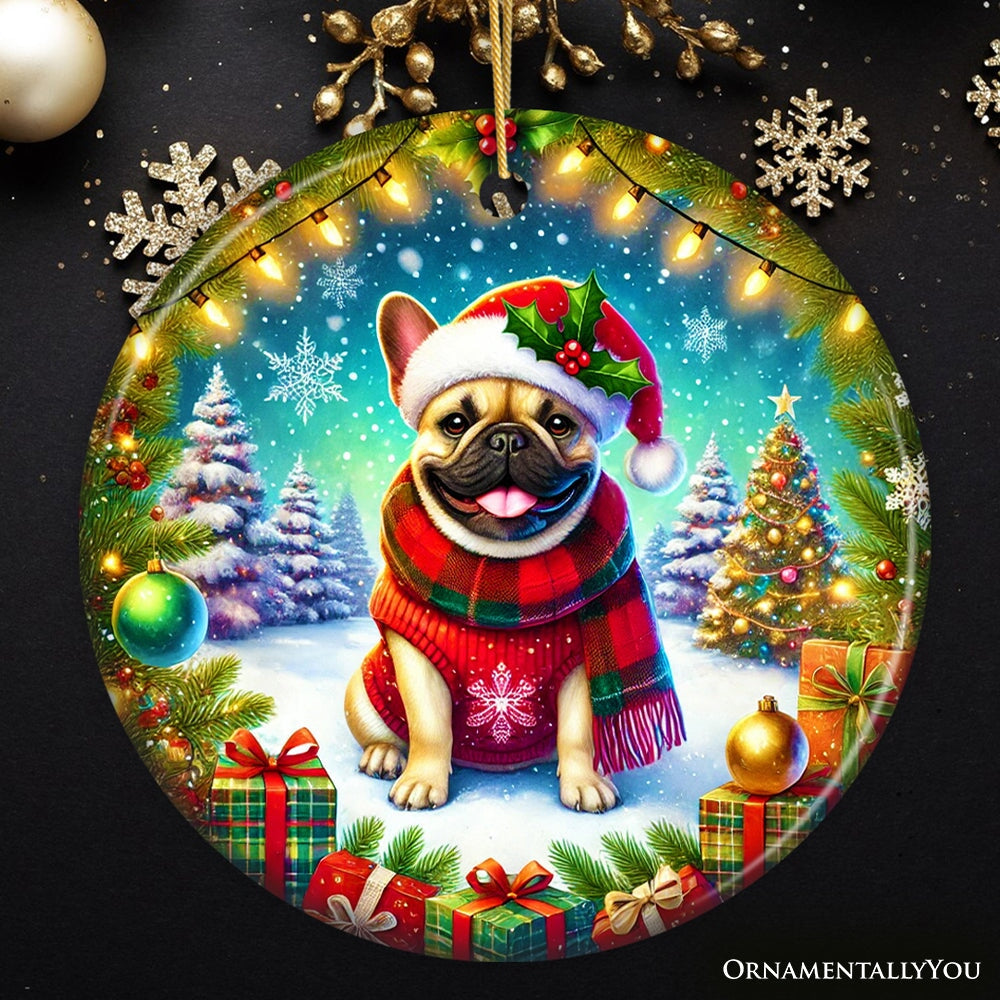 Frosty French Bulldog Ornament, Charming Pup Decoration for Magical Christmas