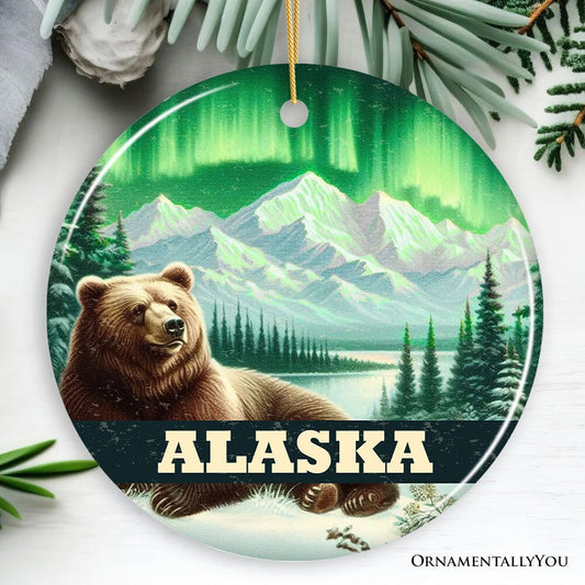 Majestic Alaska Wilderness Vintage Ornament, Northern Lights Grizzly Bear Christmas Gift and Nature Souvenir