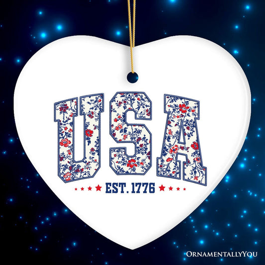 Patriotic USA Floral Ornament, 1776 Independence Day Christmas Gift and Tree Decor