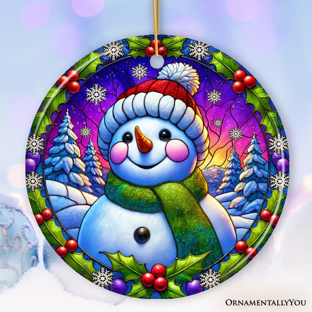 Snowman with Holly Stained Glass Style Ceramic Ornament, Christmas Gift and Decor