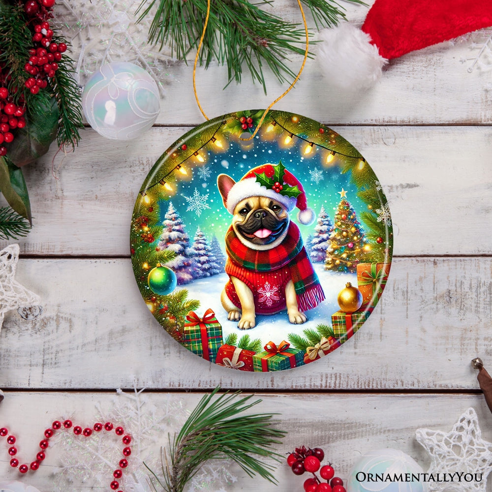 Frosty French Bulldog Ornament, Charming Pup Decoration for Magical Christmas