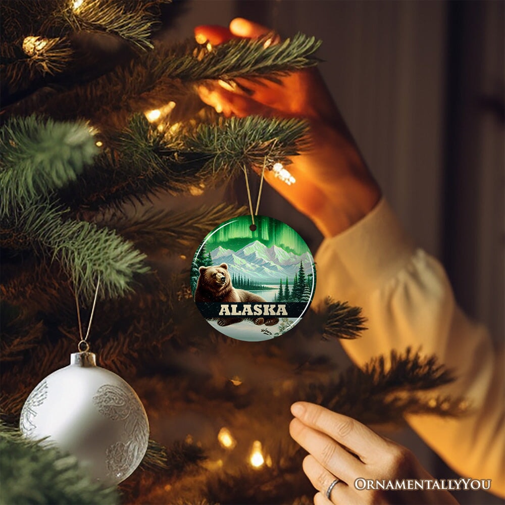 Majestic Alaska Wilderness Vintage Ornament, Northern Lights Grizzly Bear Christmas Gift and Nature Souvenir