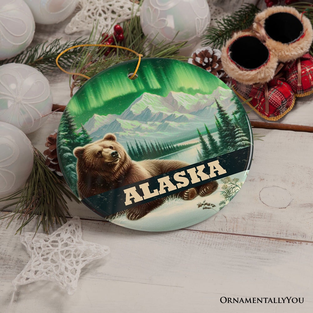 Majestic Alaska Wilderness Vintage Ornament, Northern Lights Grizzly Bear Christmas Gift and Nature Souvenir