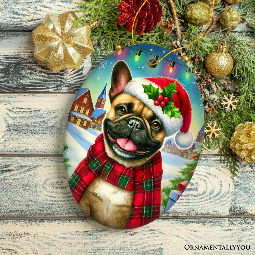 Frosty French Bulldog Ornament, Charming Pup Decoration for Magical Christmas