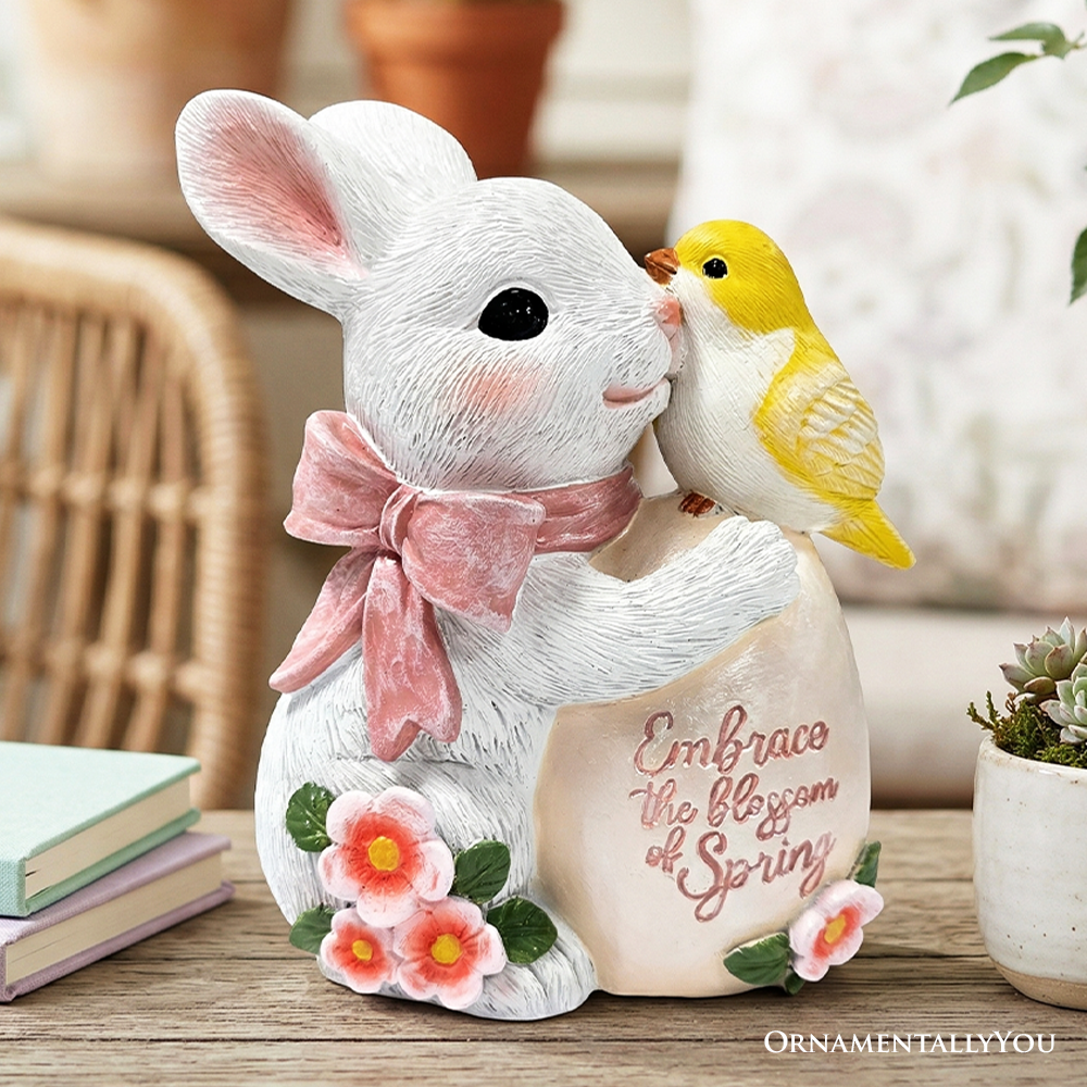 Bunny and Yellow Bird Easter Garden Statue, 7" Spring Rabbit Figurine Outdoor Decor