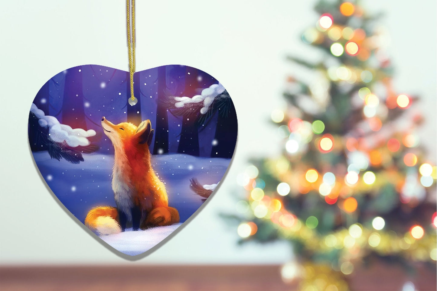 Fox in Snow Forest Ornament, Majestic Illustration Fairytale, Anime Nature