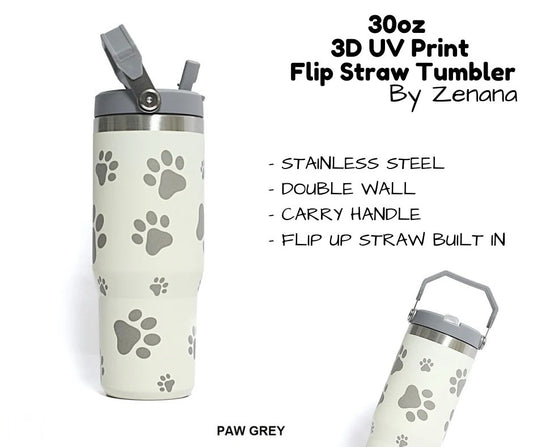 30oz 3D UV Printed Flip Straw Tumbler - Paw Grey