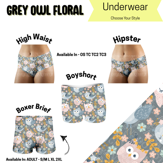 Preorder! Closes 5/14. ETA August. Grey Owl Floral Hipster, High Waist, & Boyshort Underwear & Boxer Briefs