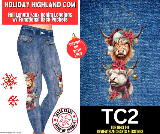 Holiday Highland Cow Faux Denim Fleece Leggings W/ Side Leg Designs