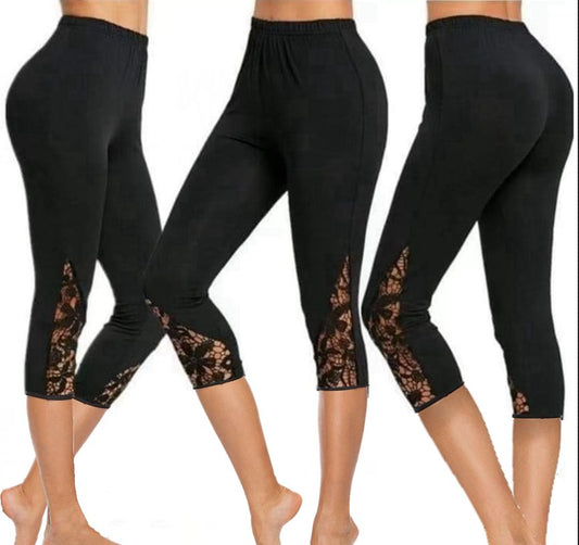 Black capris leggings with pockets & lace inserts