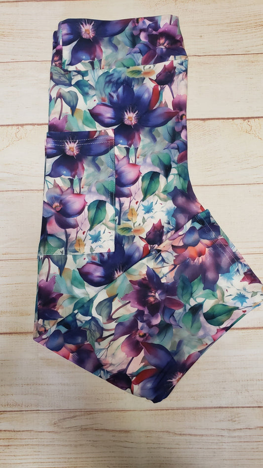 Purple Watercolor Floral capris, Leggings and skorts with pockets