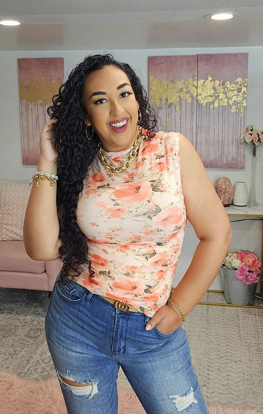 Mesh Floral Printed Mock Neck Sleeveless Top