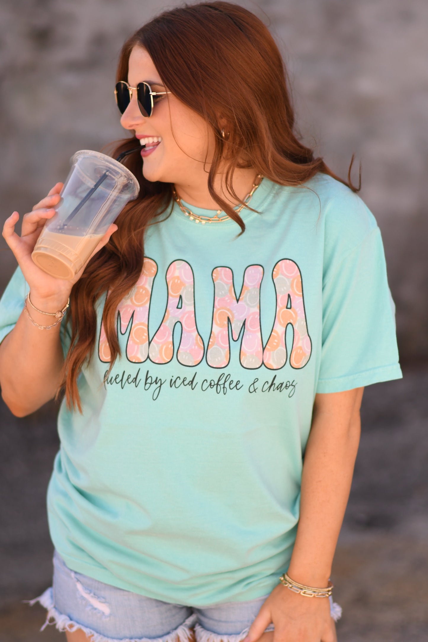 Mama Smiley Fueled By Iced Coffee And Chaos Graphic Tee