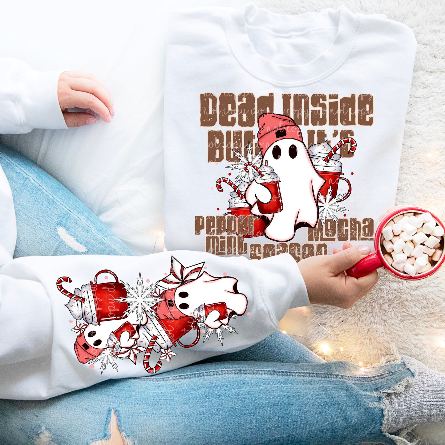 PEPPERMINT MOCHA- CREWNECK SWEATSHIRT  W/ SLEEVE PRINT