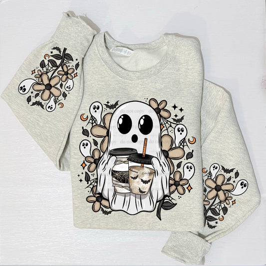 COFFEE GHOST CREWNECK SWEATSHIRT W/ SLEEVE PRINT