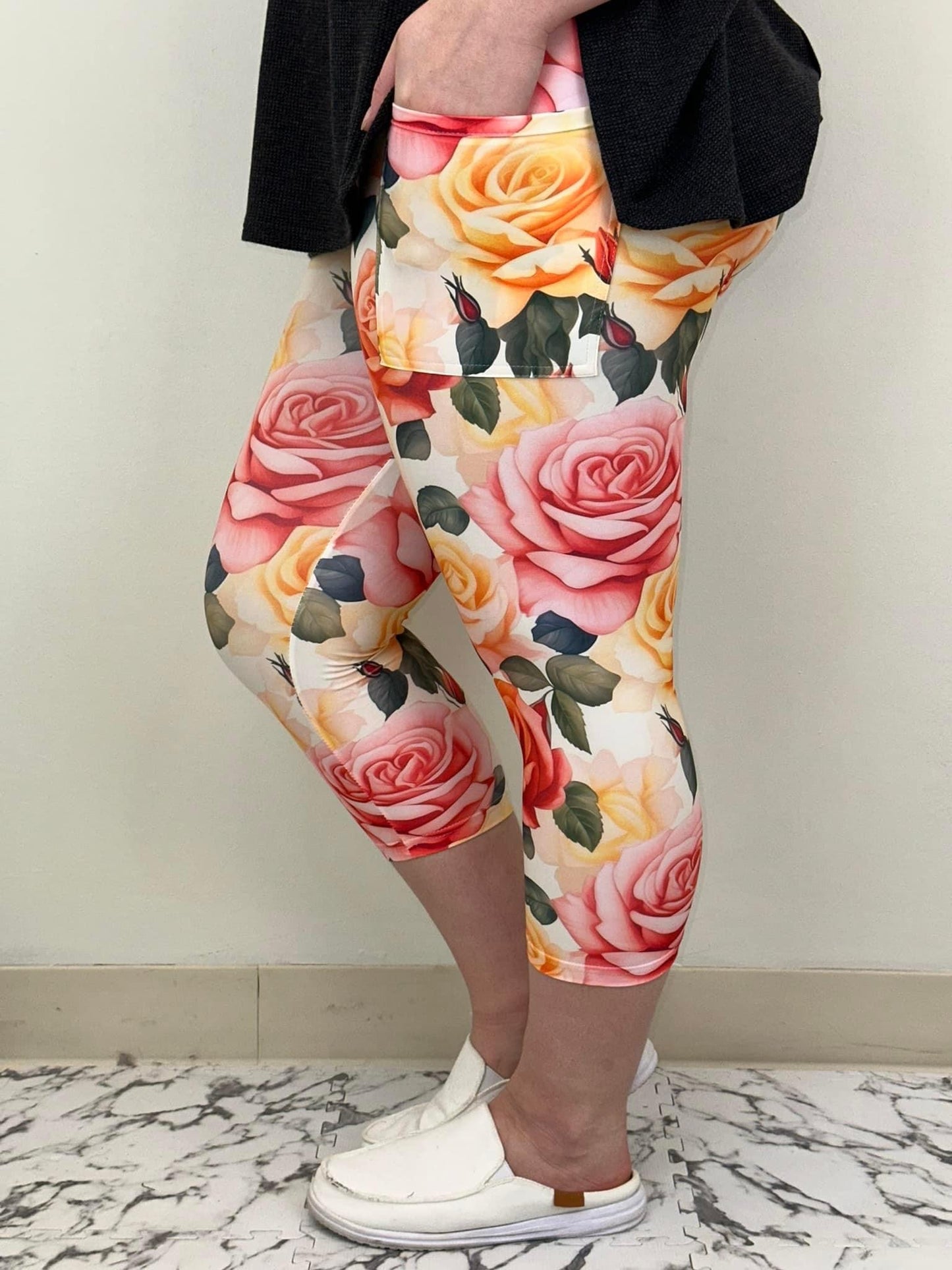 Peach Rose Capri Leggings w/ Pockets