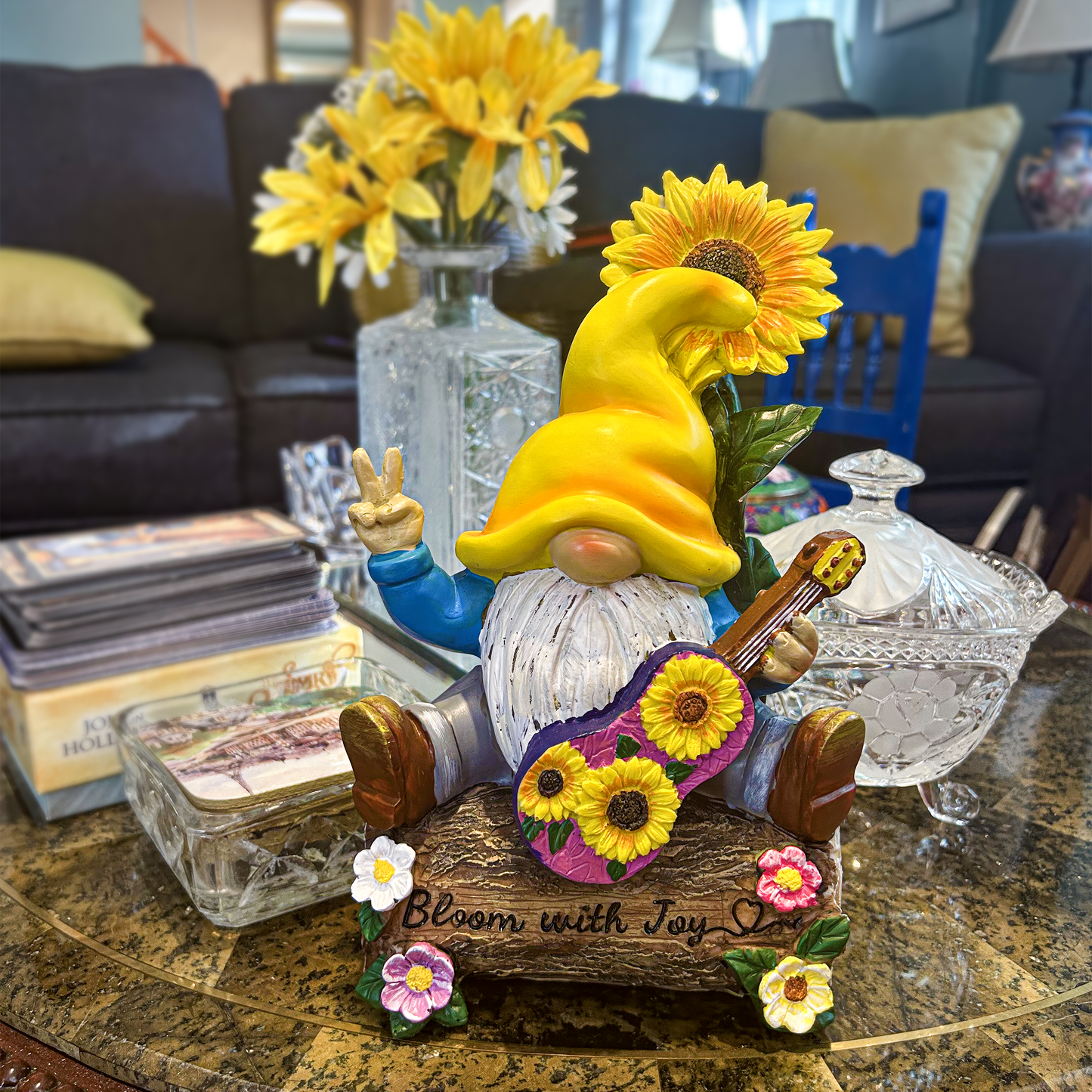 (Pre-Order) Bloom with Joy Sunflower Gnome 10" Garden Statue Figurine with Guitar, Spring and Summer Home Decoration