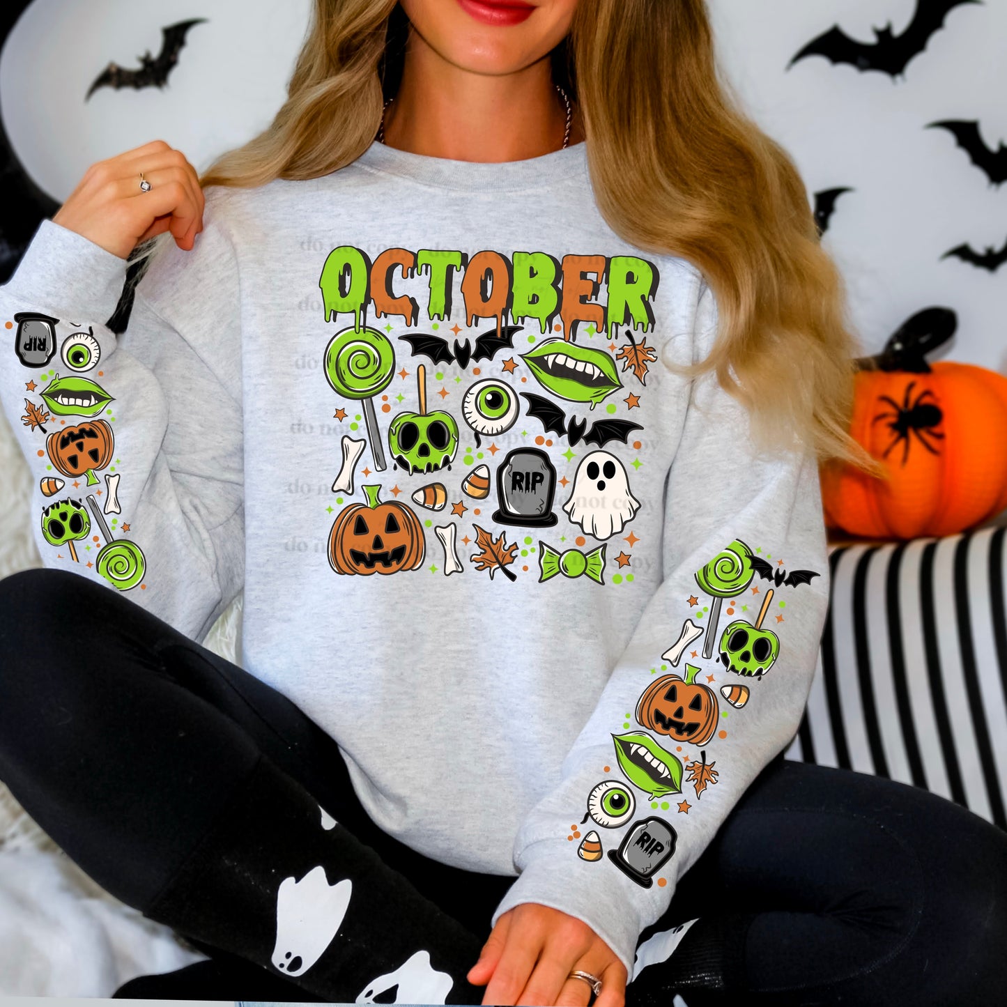 OCTOBER GREEN- FRONT & DOUBLE SLEEVE DESIGN CREWNECK SWEATSHIRT