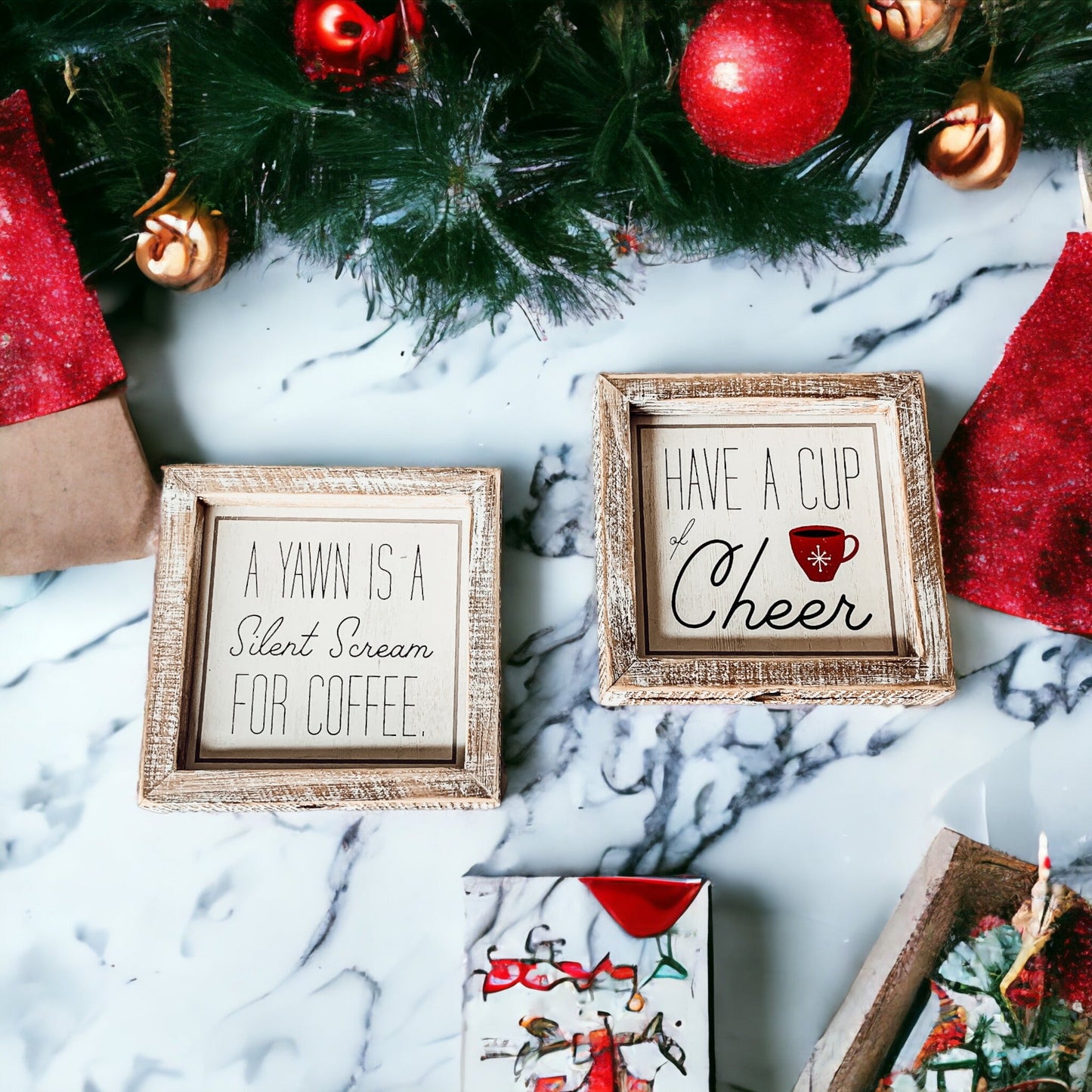 Cup Of Cheer Double Sided Coffee Bar Sign Holiday Winter Coffee Decor Red Mug Snowflake