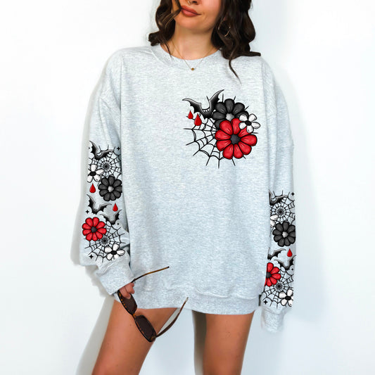 BAT WEB FLORAL- FRONT & DOUBLE SLEEVE DESIGN CREWNECK SWEATSHIRT