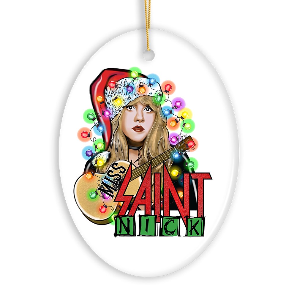 Iconic Miss Saint Nick Bohemian Christmas Ornament, Poetic Guitarist Feminine Rock Theme