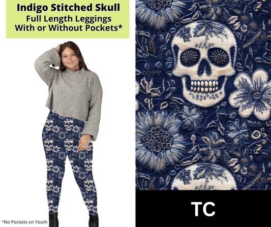 Indigo Stitched Skull Full Length Leggings w/ Pockets