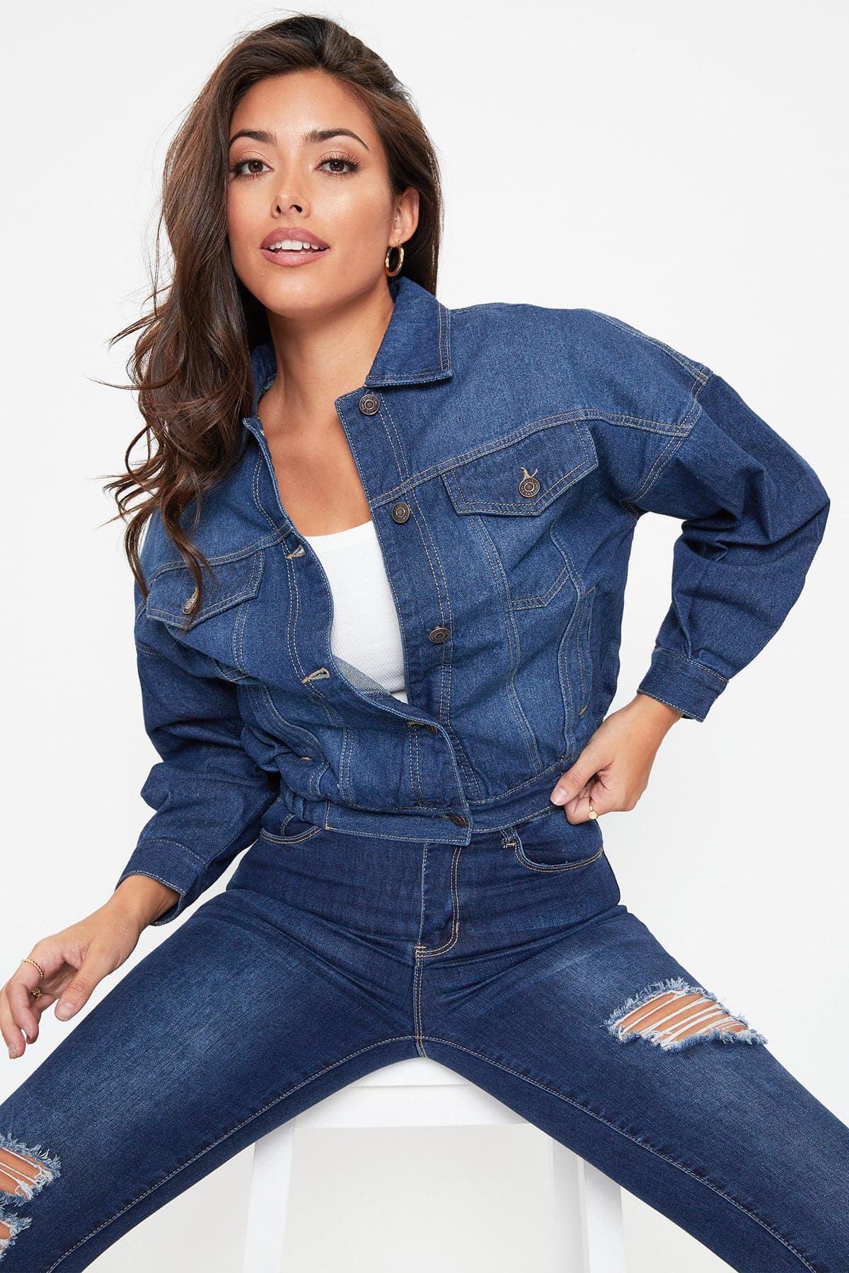 Women's 80's Style Denim With Elastic Hem Jacket