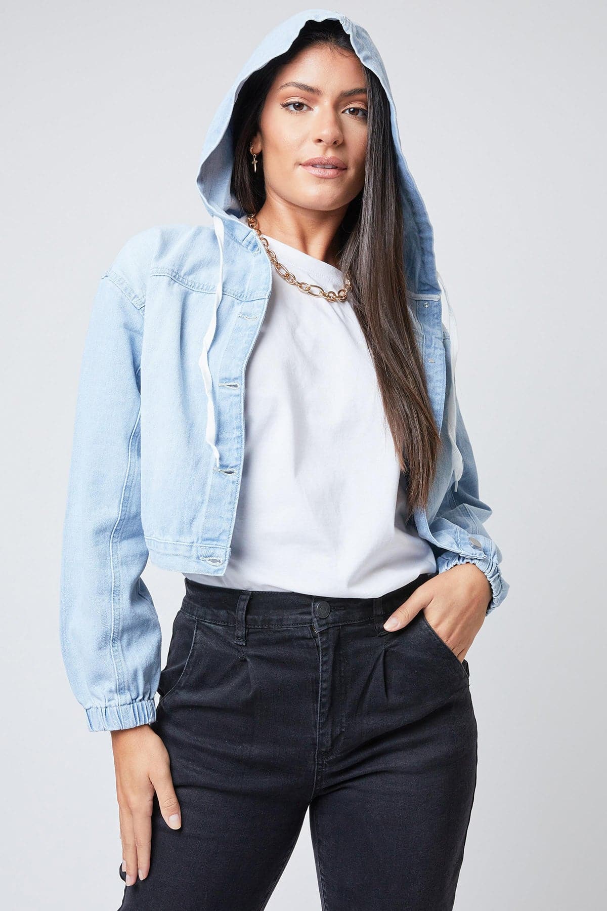 Women's Crop Hooded Denim Jacket