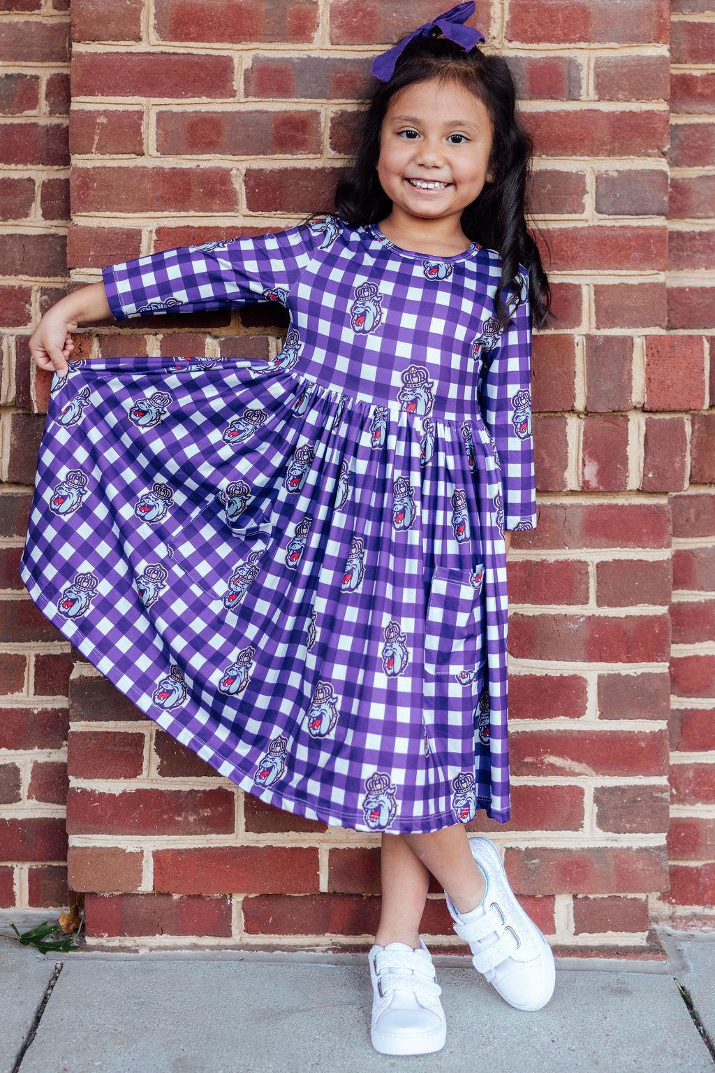 JMU Plaid Duke Dog 3/4 Sleeve Pocket Twirl Dress