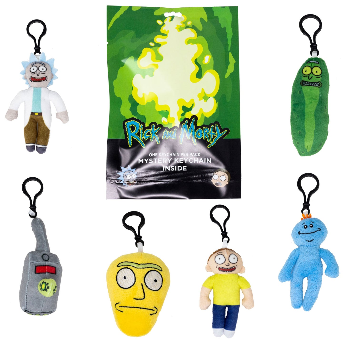 Rick and Morty Mystery Backpack Keychain Charm Blind Box Series, Rick, Morty, Pickle Rick, Mr. Meeseeks, Cromulon, or a Portal Gun